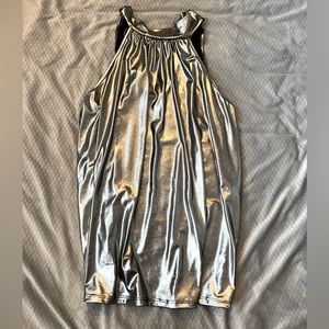 Flowy metallic high neck tank top with tie in back